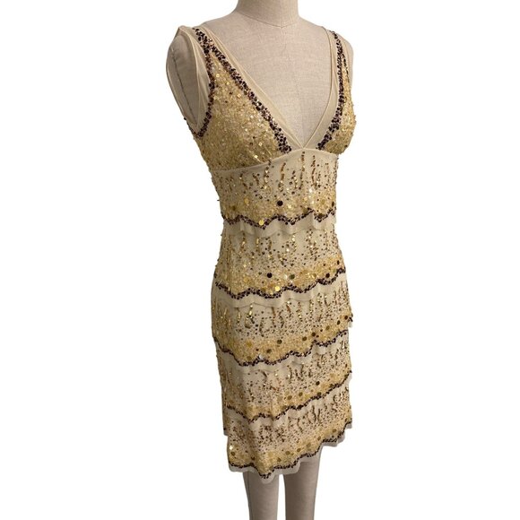 Basix II Gold Sequin Beaded Sleeveless Cocktail Dress Burlesque Style 4P - Picture 2 of 11